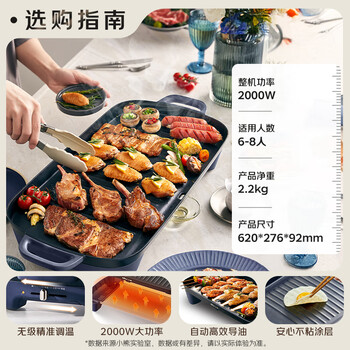 小熊（Bear）烤肉锅电烤盘 电烤炉烧烤家用多功能电烧烤炉 52cm加大烤盘猛火速烤轻油少烟不粘烤串烤肉机 E20U1