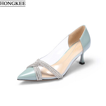 hongkee红科尖头高跟鞋水钻胶片浅口鞋牛皮细跟宴会女鞋ha82s104月桂