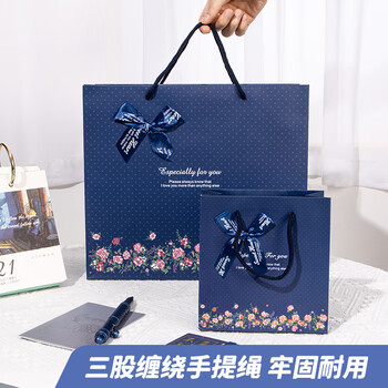 天色高档精致手提礼品袋礼物包装蝴蝶结复古牛皮纸袋子伴手礼生日年会礼品收纳TS-6003蓝色妖姬大号1个