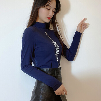 t恤女洋气字母秋季女装中领上衣棉修身小衫深蓝色s码建议82斤至96斤