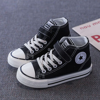 节2022春季新款高帮魔术贴儿童帆布鞋男童布鞋新款女童百 黑色-主图款