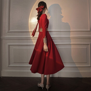 敬酒服新娘新款红色平时可穿酒红色礼服结婚订婚回门丝绒长袖 酒红色