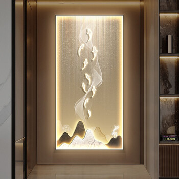 坤良 九鱼图玄关装饰画带灯led发光画竖版挂画走廊过道背景墙壁画入户