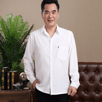 爸爸中老年衬衫男士长袖爸爸薄春秋夏季中年衬衣老人爷爷男大码古白色