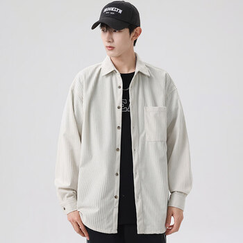 浅美静灯芯绒长袖衬衫上衣男加肥加大码潮流胖宽松春
