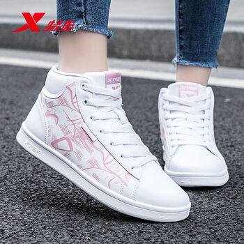 特步板鞋女高帮休闲鞋子2023夏季新款皮面空军一号潮流运动鞋女鞋 白