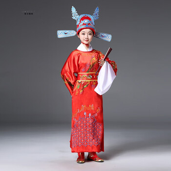 男女驸马戏服状元服迎财神爷演出服财神表演服 红色 衣服_腰带_头饰