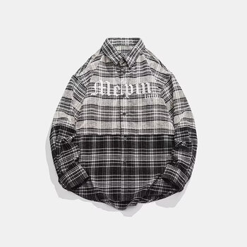 zrty美式潮牌格子长袖衬衫男秋季高街字母刺绣衬衣情侣款翻领外套灰色