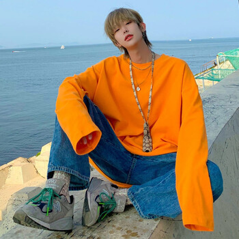 leman金俊纯色t恤男韩版潮流bf风休闲百搭上衣oversize长袖打底衫桔色