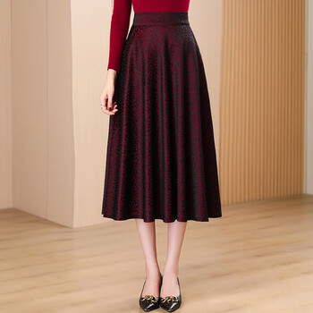 中年妇女半身裙a字裙秋冬酒红色中长款高端高腰气质百褶裙子 红刺绣