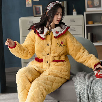 厚款东北棉衣服睡衣女秋冬款加厚保暖三层夹棉珊瑚绒可爱法兰绒冬季