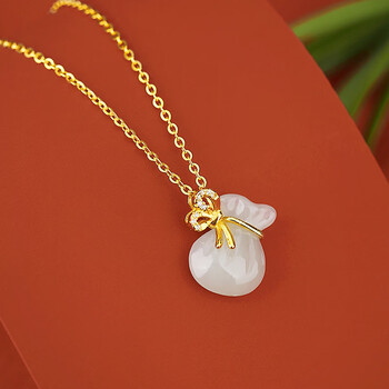 老凤祥银镶和田玉福袋锦囊吊坠国潮风复古感银项链生日送女友  92