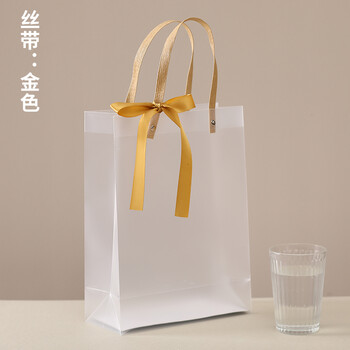 手提袋磨砂服装店袋子伴手礼包装拎袋定制空白袋金色丝带pp硬塑料磨砂