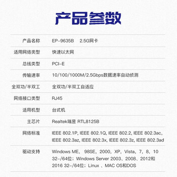 翼联（EDUP）PCI-E 2.5Gbps千兆游戏网卡 内置有线网卡 2500M网口扩展 台式电脑自适应以太网卡网络适配器9635B