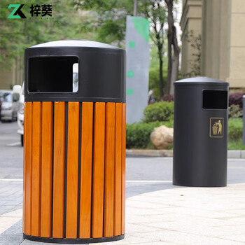 梓葵 镀锌钢板喷涂深咖色+实木 景区垃圾桶户外环卫果皮箱ZK-0298