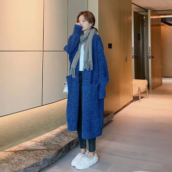 毛衣女开衫2021秋冬韩版外搭早秋慵懒风针织衫外套深蓝色长款开衫xl