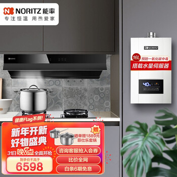 能率（NORITZ）燃气热水器伺服器款双吸油烟机燃气灶21立方大吸力5kw大火力灶具套装HJN184+HN183G+16E4AFEX
