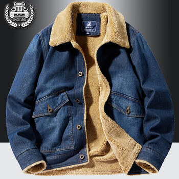 jeep吉普特价捡漏牛仔夹克男外套冬季毛领夹克男士韩版翻领保暖羊羔绒