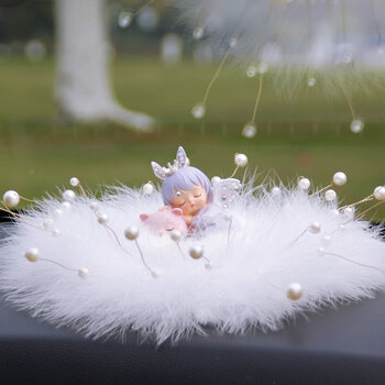 抖音摆件可爱安妮天使汽车装饰车载香水车上装饰品 圆形钟表细羽毛