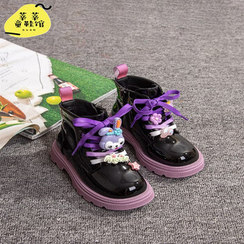 女童马丁靴加绒秋冬短靴时尚皮靴韩版小学生女孩网红卡通兔子靴子