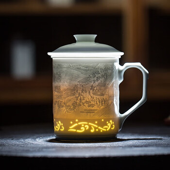 玉窑山庄景德镇陶瓷茶杯 高档茶水分离带茶漏杯盖老板杯办公杯鸿运