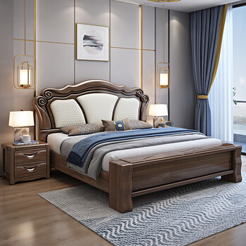 赖氏家具实木床 现代中式全实木床1.8米双人床主卧大气乌金木软包床1.