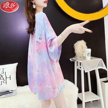 浪莎(langsha)2021年夏季新款烧花镂空渐变短袖t恤女士时尚百搭上衣潮