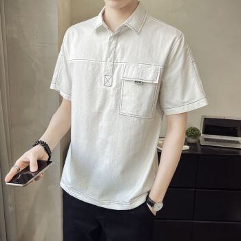 dwah夏季男士衬衫潮流学生休闲百搭polo衫t恤男衬衣白色l80100斤