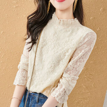 蕾丝打底衫春季新款加码长袖上衣女新款洋气时尚百搭小衫潮杏色xl建议