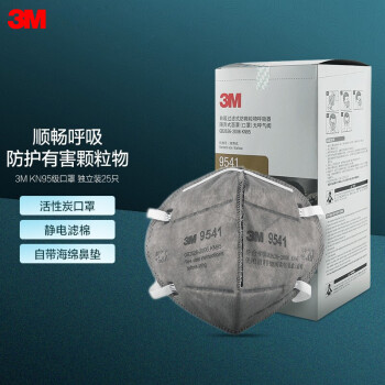 3M 9541 KN95活性炭口罩(耳带式)  一盒 防雾霾PM2.5防异味装修防粉尘25个/盒 l