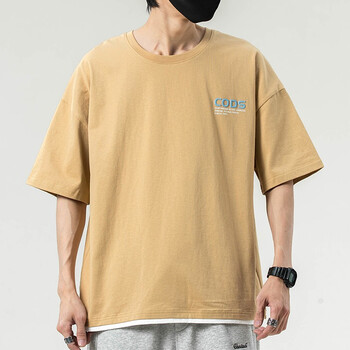 潮天士纯棉短袖t恤男宽松男士假两件t恤潮牌百搭男生五分袖体恤休闲