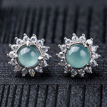 东方雅翠 冰种蓝水翡翠银镶a货翡翠耳饰耳钉