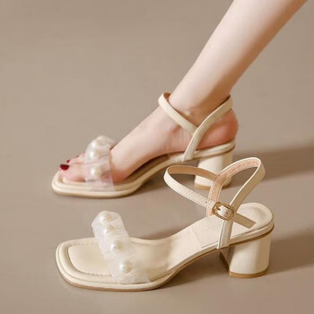 大东dusto珍珠一字带凉拖鞋女2023新款法式仙女气质粗跟方头露趾凉鞋