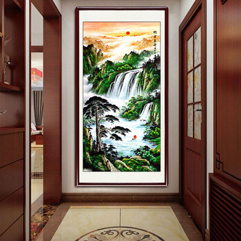 墙聚宝盆靠山图办公室字画竖挂旭日东升1典雅红木色实木带框12363cm