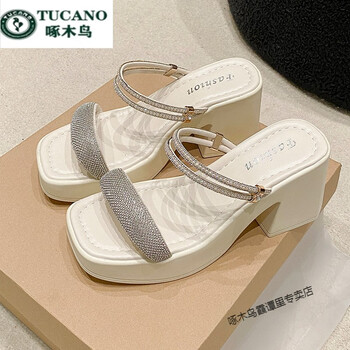 啄木鸟防水台厚底粗跟水钻凉拖鞋女夏外穿2024新款仙女风配裙子两穿