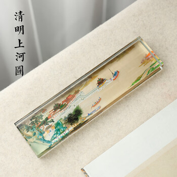 漢墨 水晶清明上河图镇尺 镇纸可做笔搁毛笔架书法法压尺文镇 文房四宝礼品摆件礼盒装