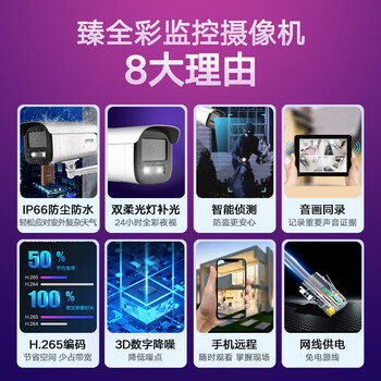 HIKVISION海康威视摄像头监控4K超清臻全彩网络摄像机800万录音POE供电室内室外AI人车侦测T87WDV3-L 4mm