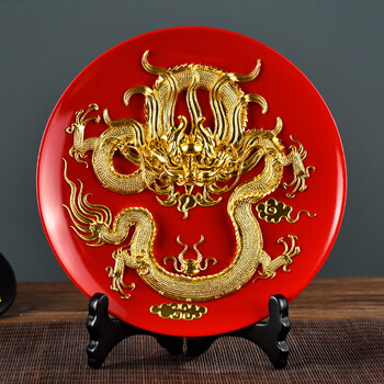 中国红漆线雕龙凤呈祥釉摆盘摆件礼品中式结婚礼物送新人 红釉单龙盘