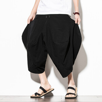 男士大裆马裤七分短裤棉麻复古夸张宽大男裤大码低档垮裤男哈伦吊裆裤