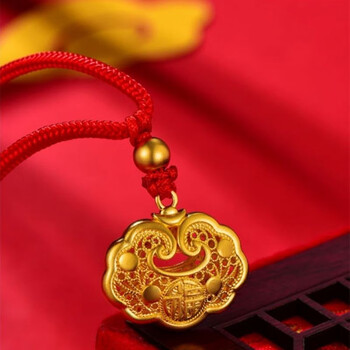 平安锁吊坠古法花丝福字锁包编织如意长命锁 黄金宫廷福锁 金珠编红绳