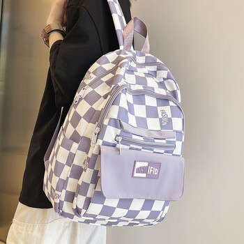 恒景初书包女初中生韩版高中大学生休闲大容量背包高颜值格子电紫色