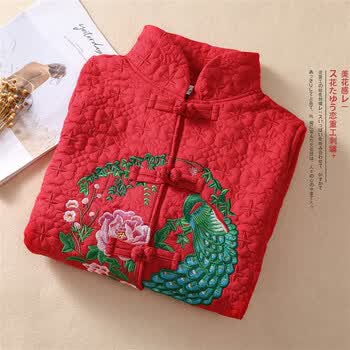 简丹柔复古立领盘扣棉衣棉服女唐装大码上衣胖秋冬民族风绣花短款外套