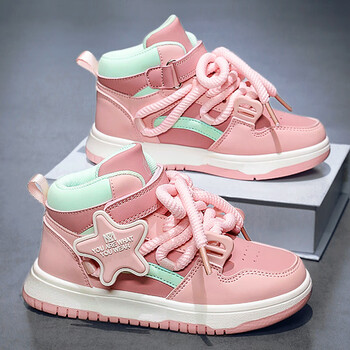 踏踏女童鞋春秋时尚儿童高帮板鞋百搭女孩软底休闲运耐克尅粉色2码 