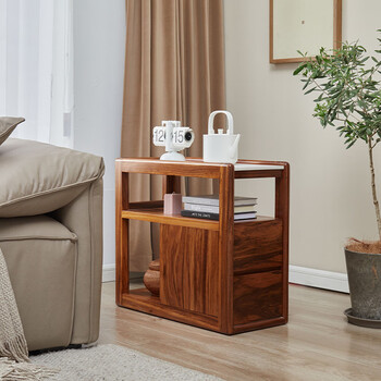 乌金木全实木带抽屉沙发边柜侧边柜 新中式岩板边几客厅角几 黑胡桃木