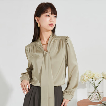 逸阳v领飘带衬衫女2023春季新款标准型显瘦气质百搭通勤女装上衣 芥