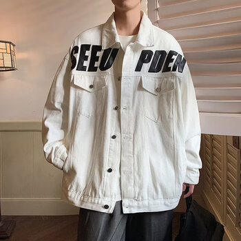 7家优品牛仔外套男字母刺绣春季宽松港风情侣衣服ins美式潮牌夹克男生