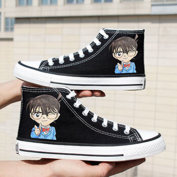 鞋男高帮鞋韩版潮流涂鸦透气休闲学生板鞋平底男鞋涂鸦高帮黑柯南35