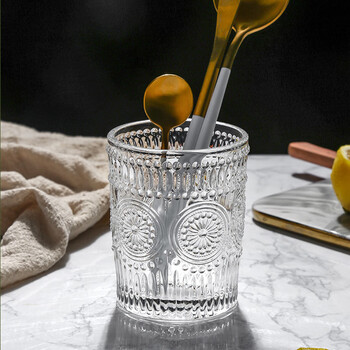 网红复古太阳花玻璃水杯浮雕创意高颜值家用水杯果汁饮料杯牛奶杯 网