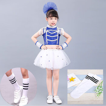 爵士舞蹈服表演服装女童亮片小学生幼儿园演出服流苏女黑条筒袜160cm