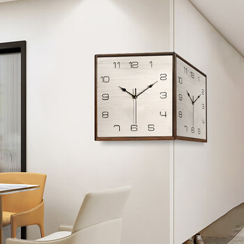 康巴丝（Compas）实木简约双面挂钟客厅现代拐角两面石英钟表挂墙家用时钟 9199